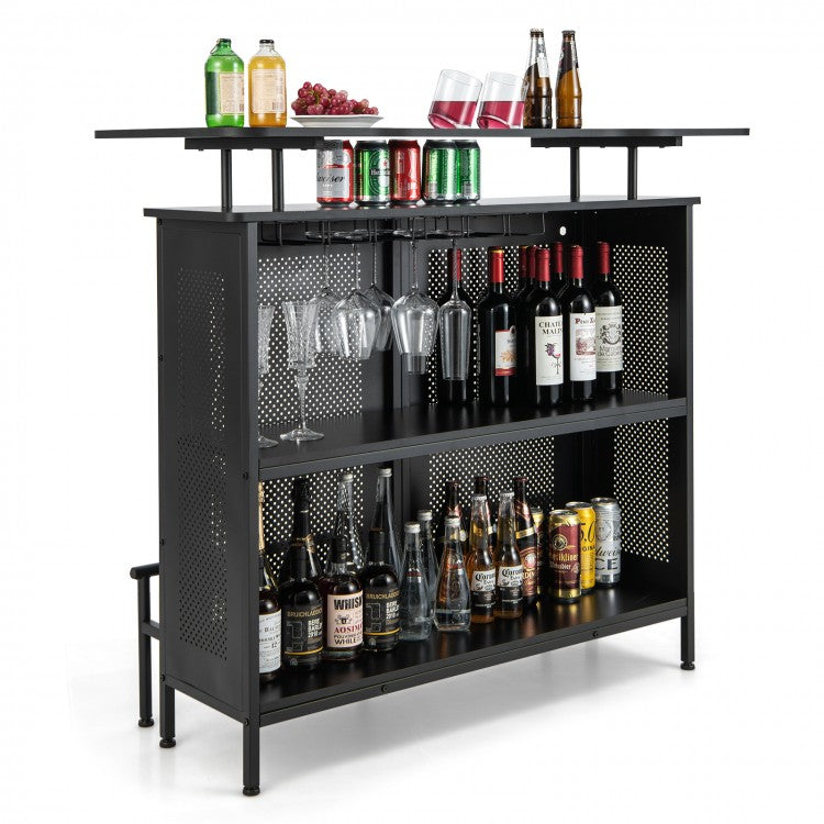 Costway Black Bar and Cabinet with 2-Tier Storage Shelves and High Glass Rack - Suitable for Bar and Restaurant