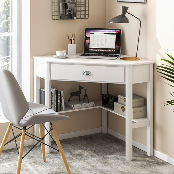 Corner Solid Wood Notebook Computer Desk with Drawers and Open Shelves - Ideal for Bedroom and Study