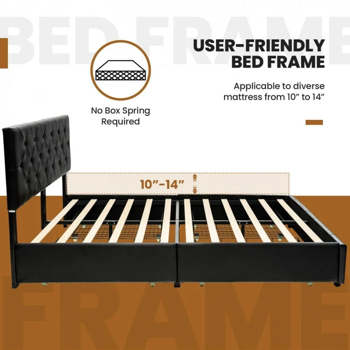 Black Leather Upholstered Headboard Bed Frame with 4 Drawers