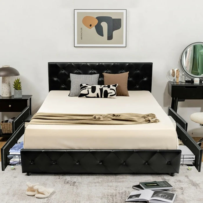 Black Leather Upholstered Headboard Bed Frame with 4 Drawers