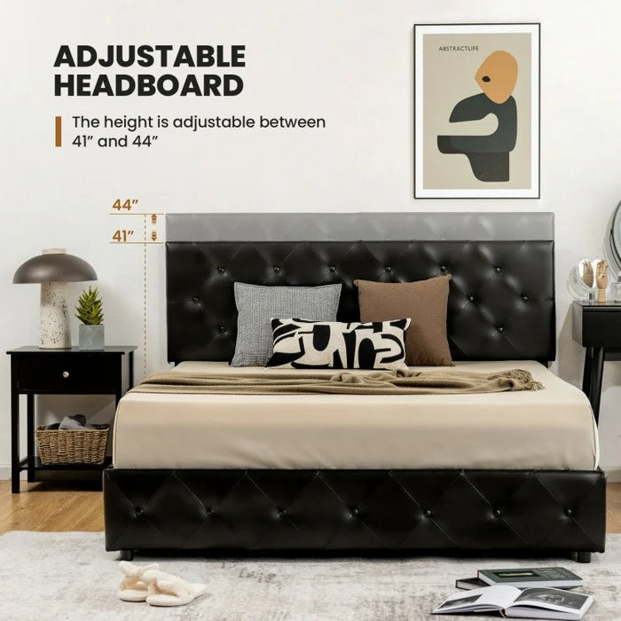 Black Leather Upholstered Headboard Bed Frame with 4 Drawers