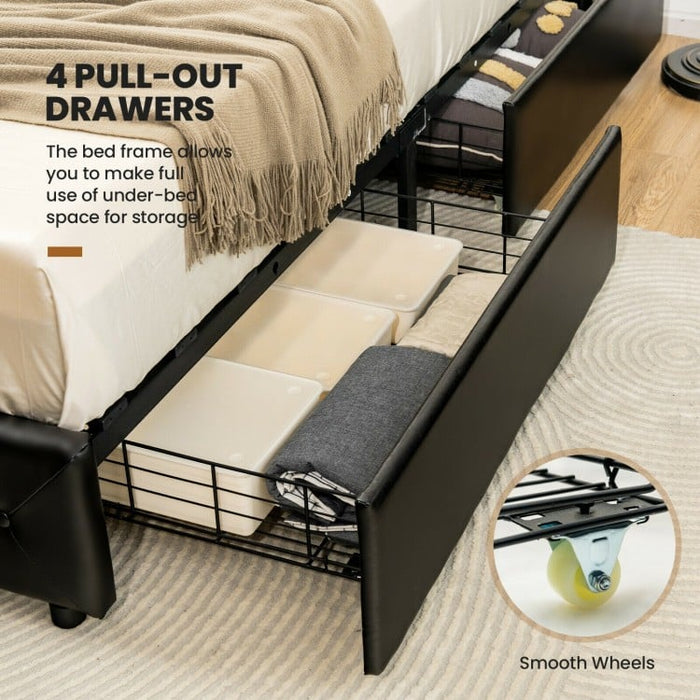 Black Leather Upholstered Headboard Bed Frame with 4 Drawers