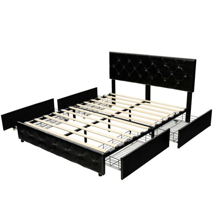 Black Leather Upholstered Headboard Bed Frame with 4 Drawers