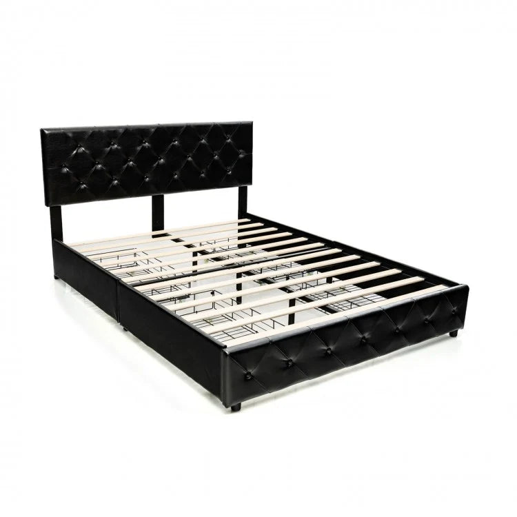 Black Leather Upholstered Headboard Bed Frame with 4 Drawers