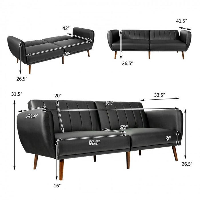 Living Room 3-Seater Black PU Leather Sofa with Adjustable Backrest