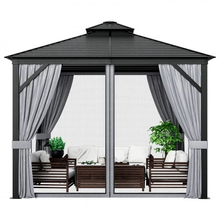 Costway 10x10 ft Gray Outdoor Canopy Gazebo Tent with Privacy Curtains - Suitable for Patio, Parties, and Gatherings