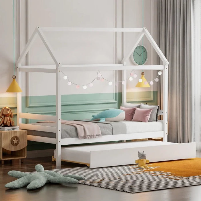 Children's Solid Wood Bed Frame with Attic-Style Headboard