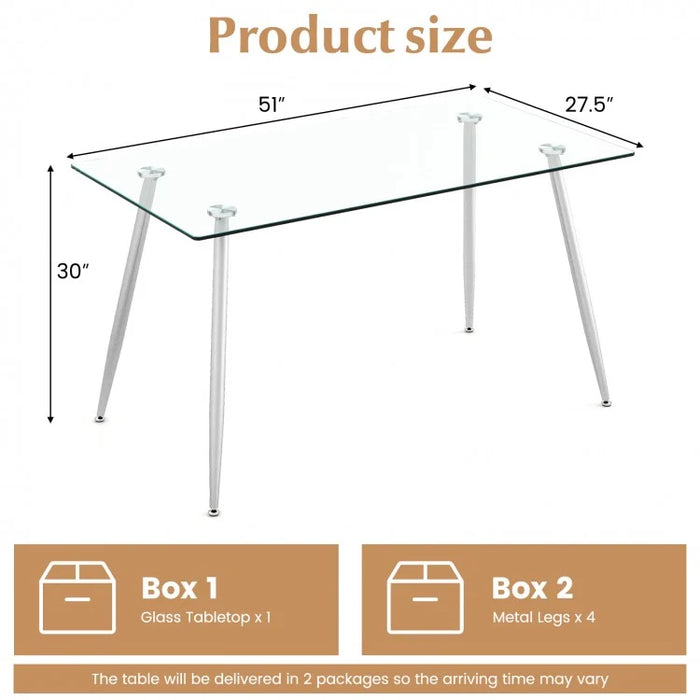 Modern Rectangular Glass Dining Table with Heavy-Duty Steel Legs - Suitable for Kitchen and Restaurant