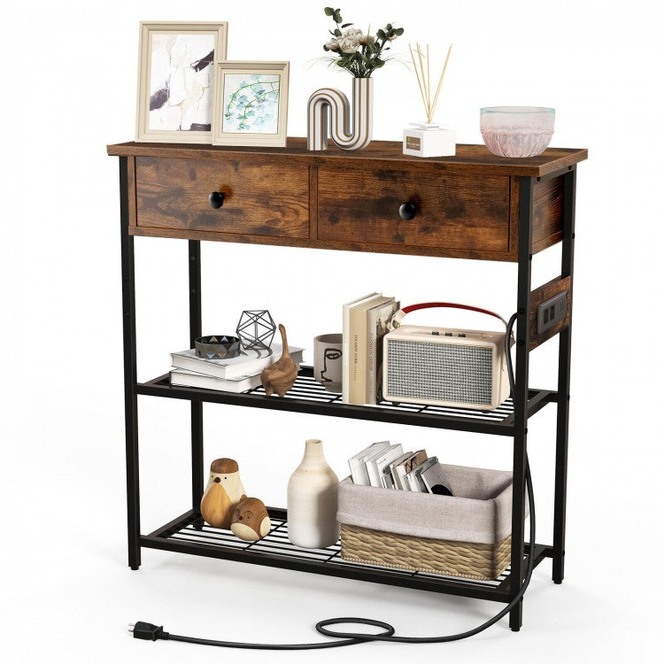 Costway Industrial Style Narrow Entryway Table with 2 Drawers and Metal Wire Frame - Suitable for Living Room and Entry