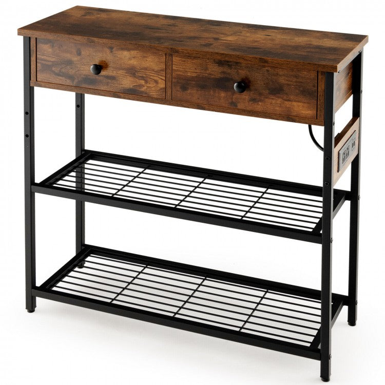 Costway Industrial Style Narrow Entryway Table with 2 Drawers and Metal Wire Frame - Suitable for Living Room and Entry