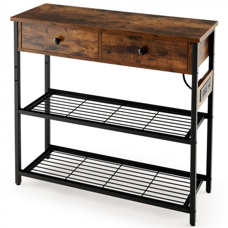 Costway Industrial Style Narrow Entryway Table with 2 Drawers and Metal Wire Frame - Suitable for Living Room and Entry