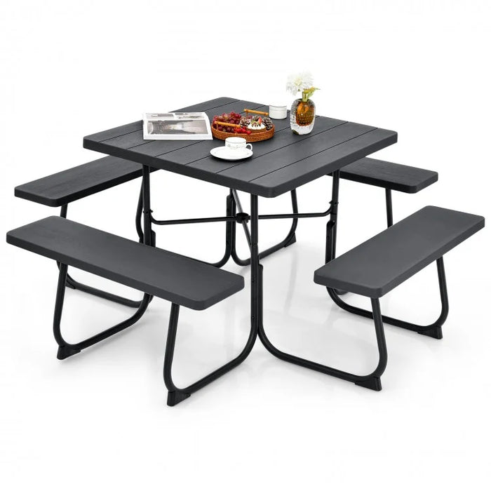Outdoor Dining Table and Chairs Set - 4-Piece Set with 4 Benches and 1 Square Table - Suitable for Backyard and Garden Gatherings