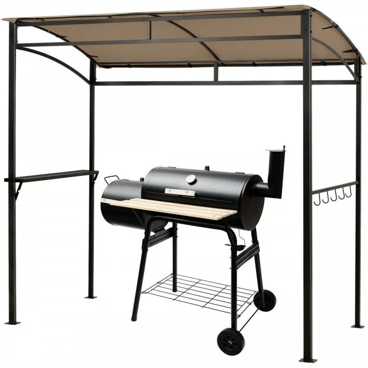 7-Foot Outdoor Brown BBQ Canopy Pavilion with Storage Shelves and Hooks