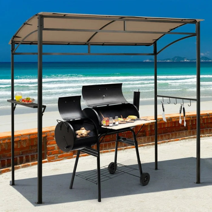 7-Foot Outdoor Brown BBQ Canopy Pavilion with Storage Shelves and Hooks