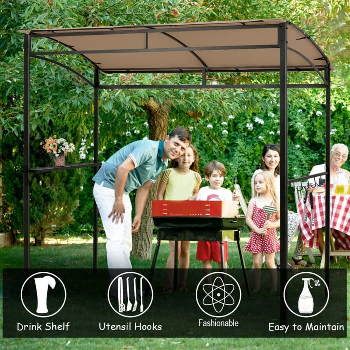 7-Foot Outdoor Brown BBQ Canopy Pavilion with Storage Shelves and Hooks