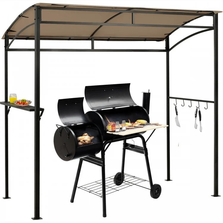 7-Foot Outdoor Brown BBQ Canopy Pavilion with Storage Shelves and Hooks
