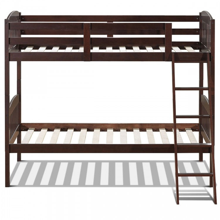 Wooden Bunk Bed Frame with Guardrail and Ladder for School Dormitories