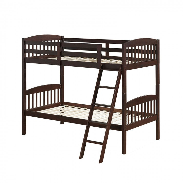 Wooden Bunk Bed Frame with Guardrail and Ladder for School Dormitories