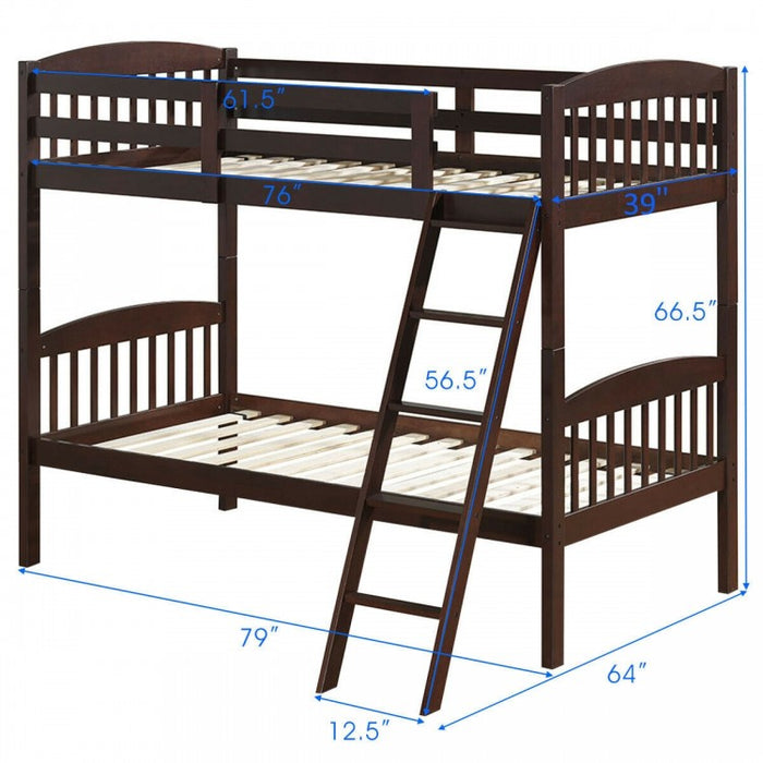 Wooden Bunk Bed Frame with Guardrail and Ladder for School Dormitories