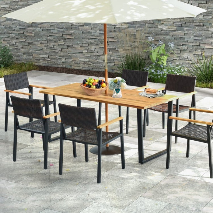 Outdoor Industrial Style Dining Table with Umbrella Hole - Seats Up to 6 People, Suitable for Backyard, Patio, and Gatherings