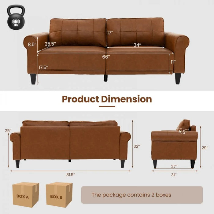 Costway Brown Leather Couch for Living Room - 3-Seater with 2 Removable Back Cushions