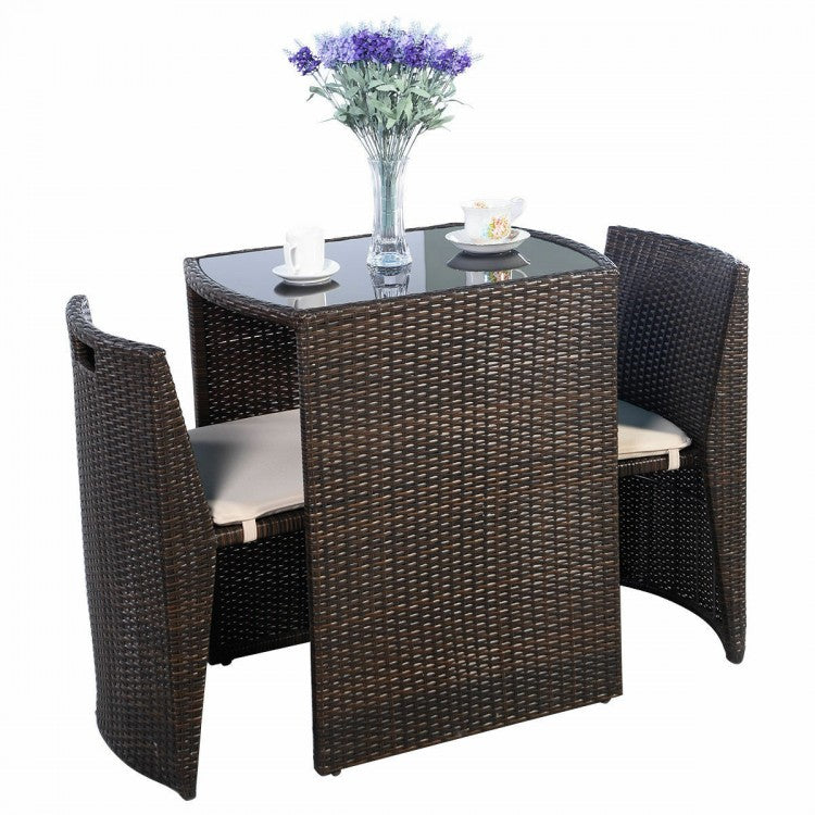 3-Piece Outdoor Rattan Patio Table and Chair Set with Cushions