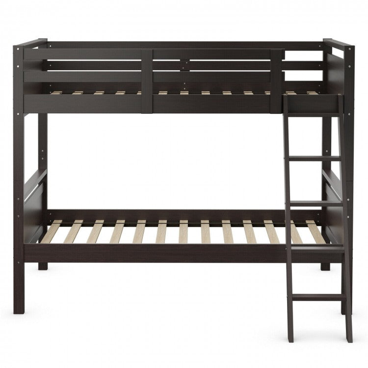 Costway Brown Solid Wood Bunk Bed with Guard Rails and Ladder