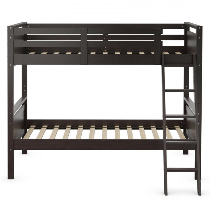 Costway Brown Solid Wood Bunk Bed with Guard Rails and Ladder