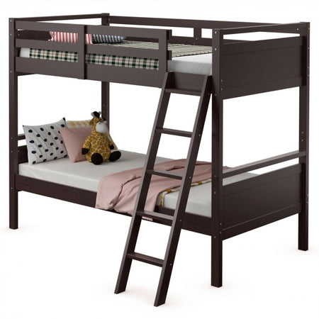 Costway Brown Solid Wood Bunk Bed with Guard Rails and Ladder