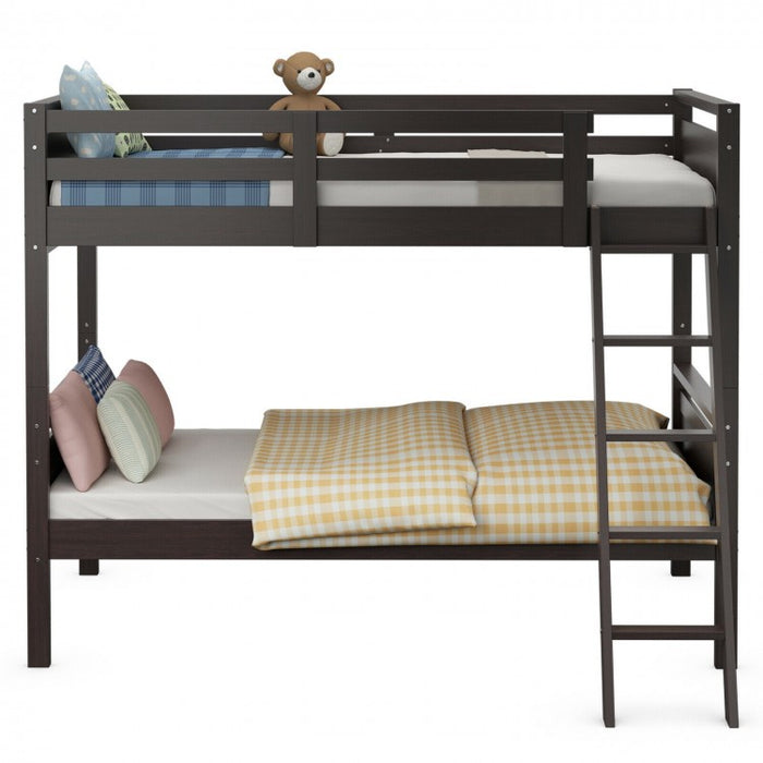 Costway Brown Solid Wood Bunk Bed with Guard Rails and Ladder