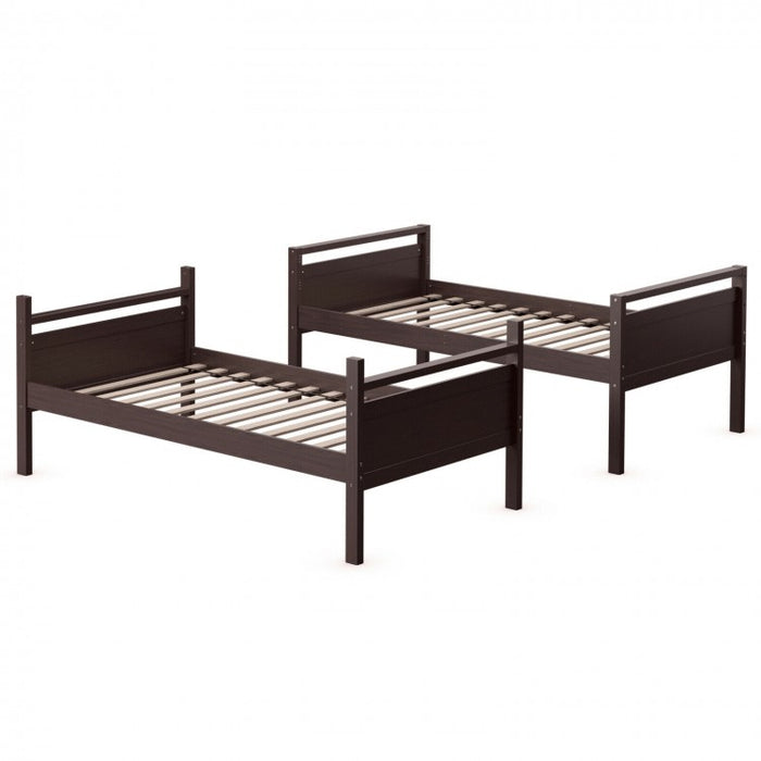 Costway Brown Solid Wood Bunk Bed with Guard Rails and Ladder