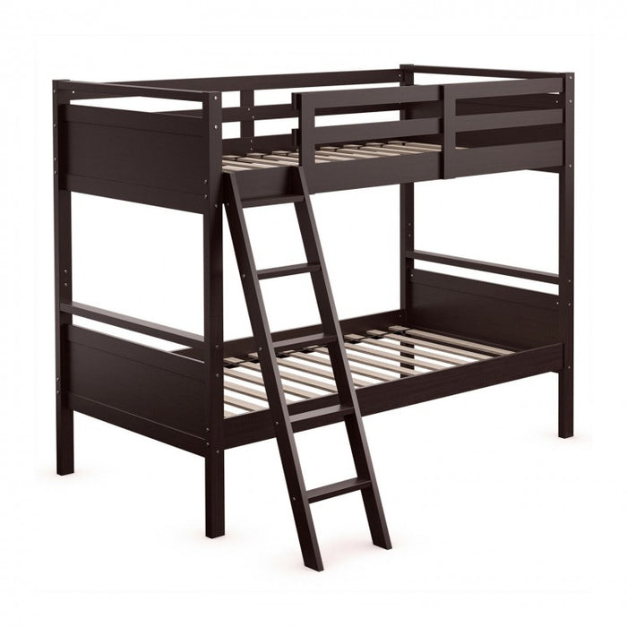 Costway Brown Solid Wood Bunk Bed with Guard Rails and Ladder