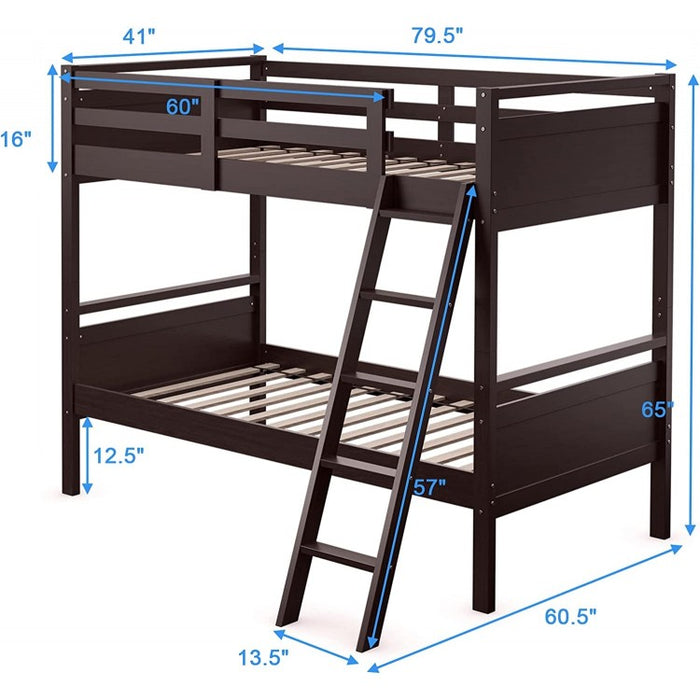 Costway Brown Solid Wood Bunk Bed with Guard Rails and Ladder