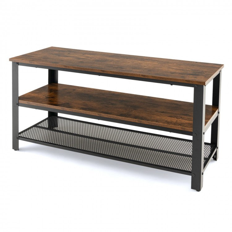 Industrial Style 3-Tier TV Stand with Metal Mesh Shelves