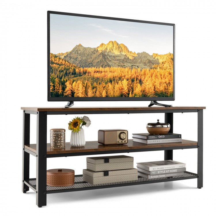 Industrial Style 3-Tier TV Stand with Metal Mesh Shelves