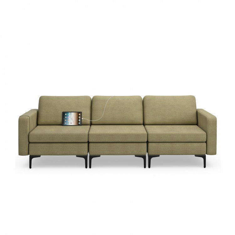 Costway Modern Leather Sofa Couch for Living Room - 3-Seater Bench with Side Pockets and USB Outlet