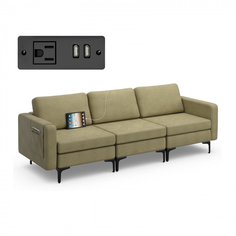 Costway Modern Leather Sofa Couch for Living Room - 3-Seater Bench with Side Pockets and USB Outlet