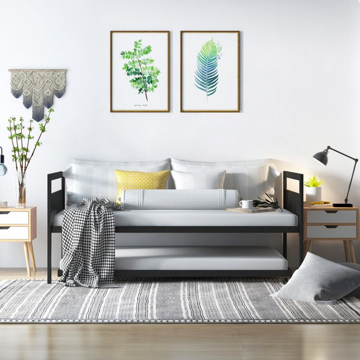 Costway Industrial-Style Metal Sofa Bed with Pull-Out Trundle