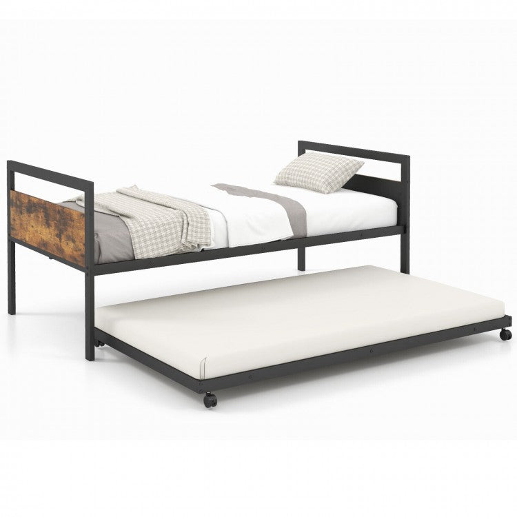 Costway Industrial-Style Metal Sofa Bed with Pull-Out Trundle