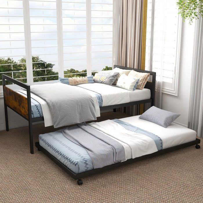 Costway Industrial-Style Metal Sofa Bed with Pull-Out Trundle