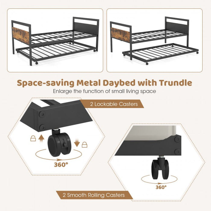 Costway Industrial-Style Metal Sofa Bed with Pull-Out Trundle