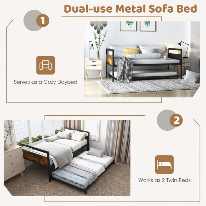 Costway Industrial-Style Metal Sofa Bed with Pull-Out Trundle