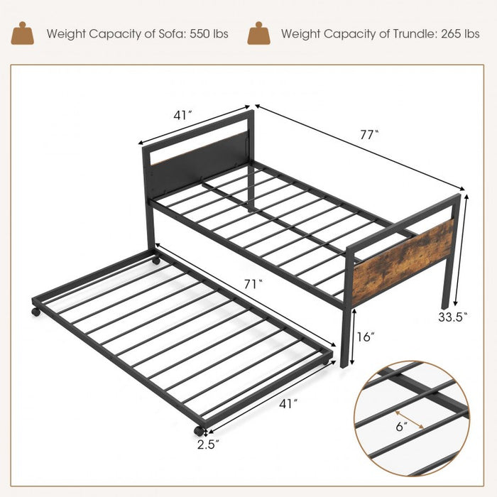 Costway Industrial-Style Metal Sofa Bed with Pull-Out Trundle
