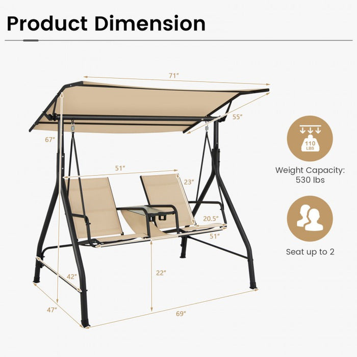 Costway Outdoor Patio Swing with Canopy and Adjustable Sunshade - Glass Table Included, Suitable for Terrace, Garden, and Pool