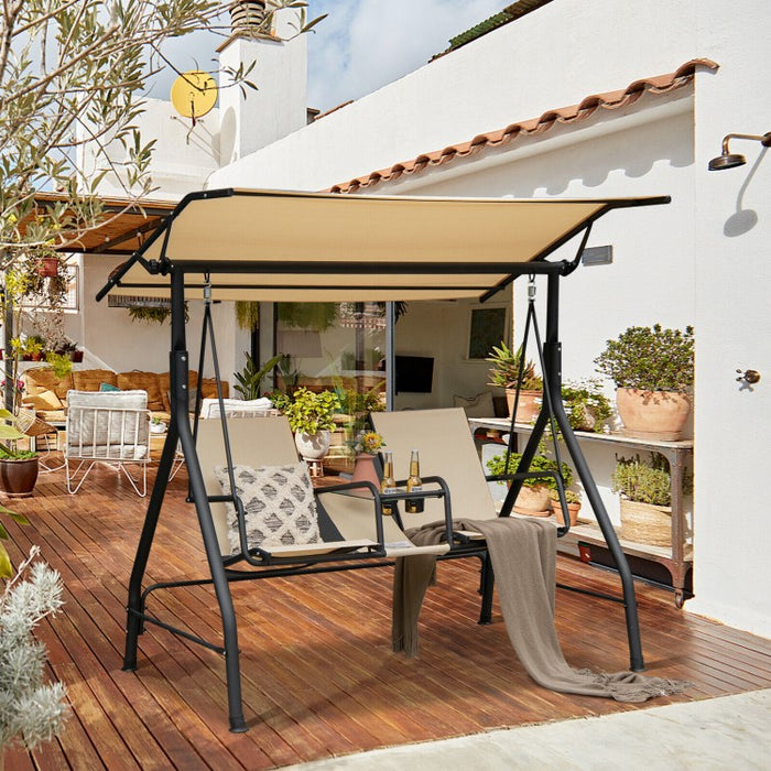 Costway Outdoor Patio Swing with Canopy and Adjustable Sunshade - Glass Table Included, Suitable for Terrace, Garden, and Pool