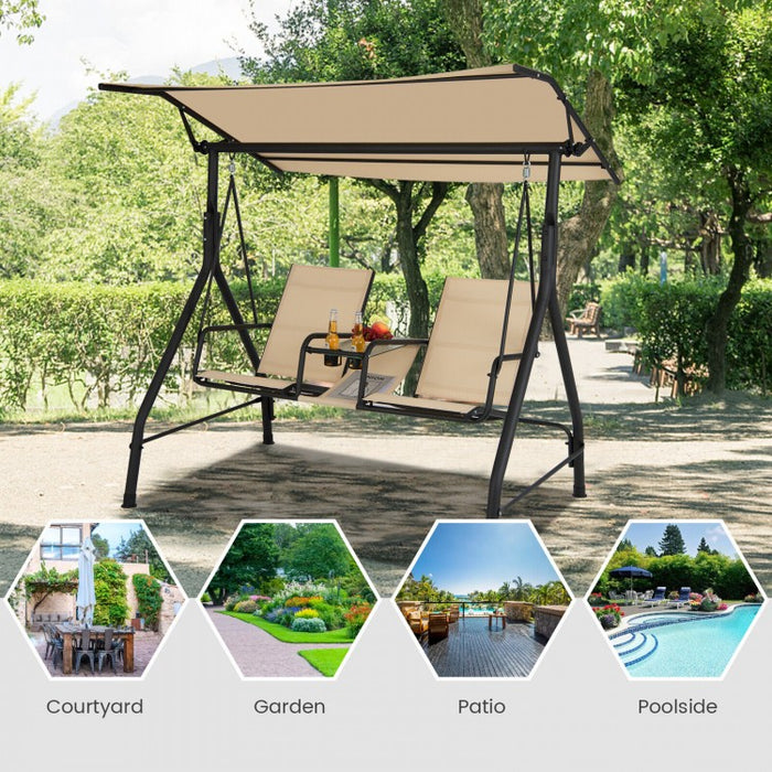 Costway Outdoor Patio Swing with Canopy and Adjustable Sunshade - Glass Table Included, Suitable for Terrace, Garden, and Pool