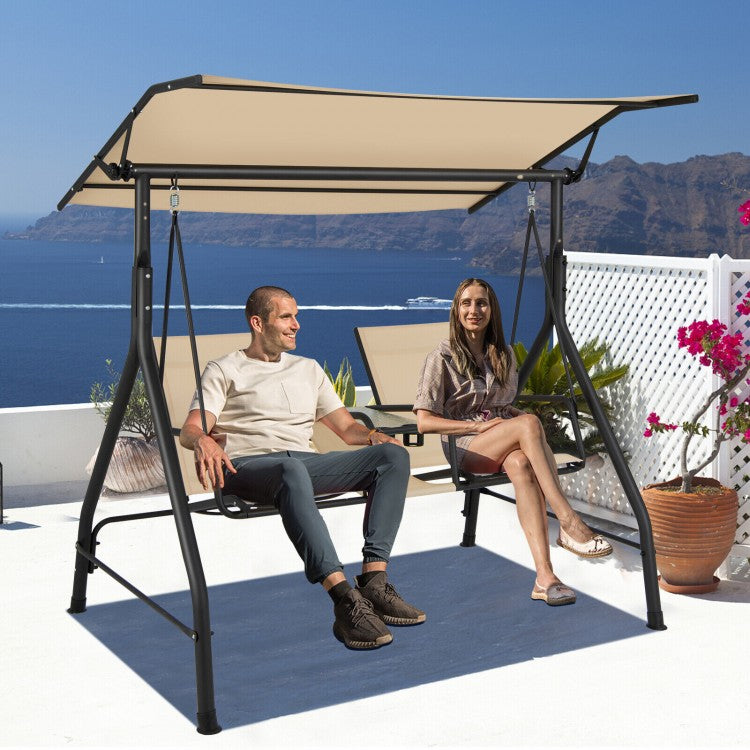 Costway Outdoor Patio Swing with Canopy and Adjustable Sunshade - Glass Table Included, Suitable for Terrace, Garden, and Pool