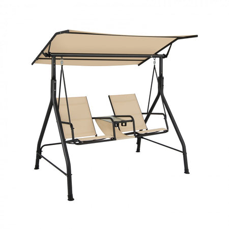 Costway Outdoor Patio Swing with Canopy and Adjustable Sunshade - Glass Table Included, Suitable for Terrace, Garden, and Pool