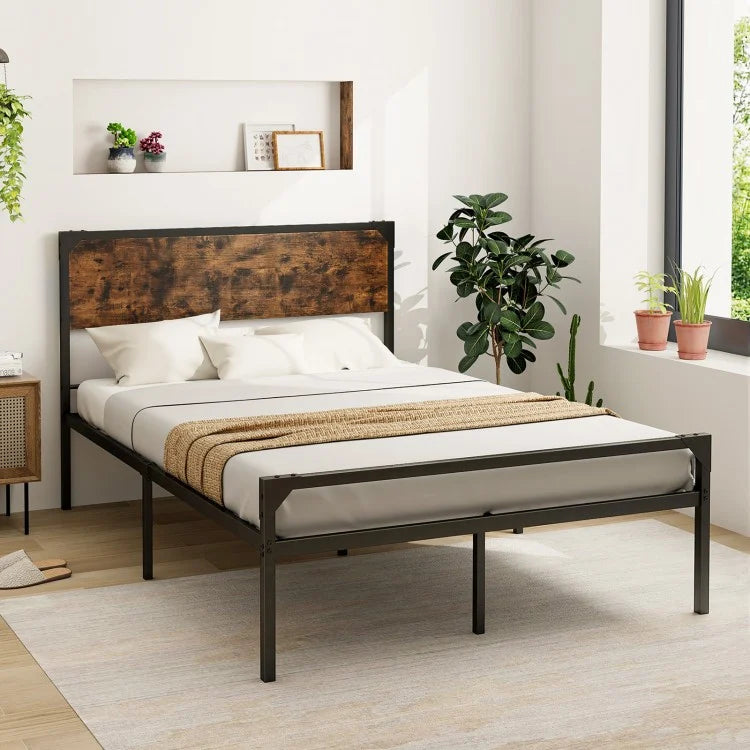 Costway Industrial Style Queen Size Bed Frame with Headboard, Footboard, and Storage Space - Full Size Bed Option Available