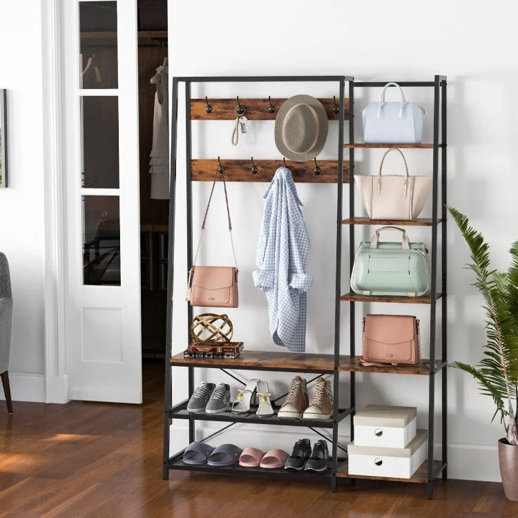 Industrial-Style Multifunctional Entryway Hooks and Shelf with Shoe Bench